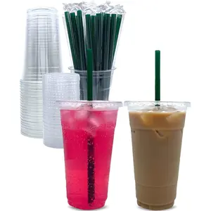 24 oz Clear Plastic Cups with  and STRAWS, Disposable Party Cups for To Go Iced Coffee Cold Drinks, Smoothie, Juice, Parfait, Frappuccino, Milkshake. No Leaking Fruit Cup, 25 Sets