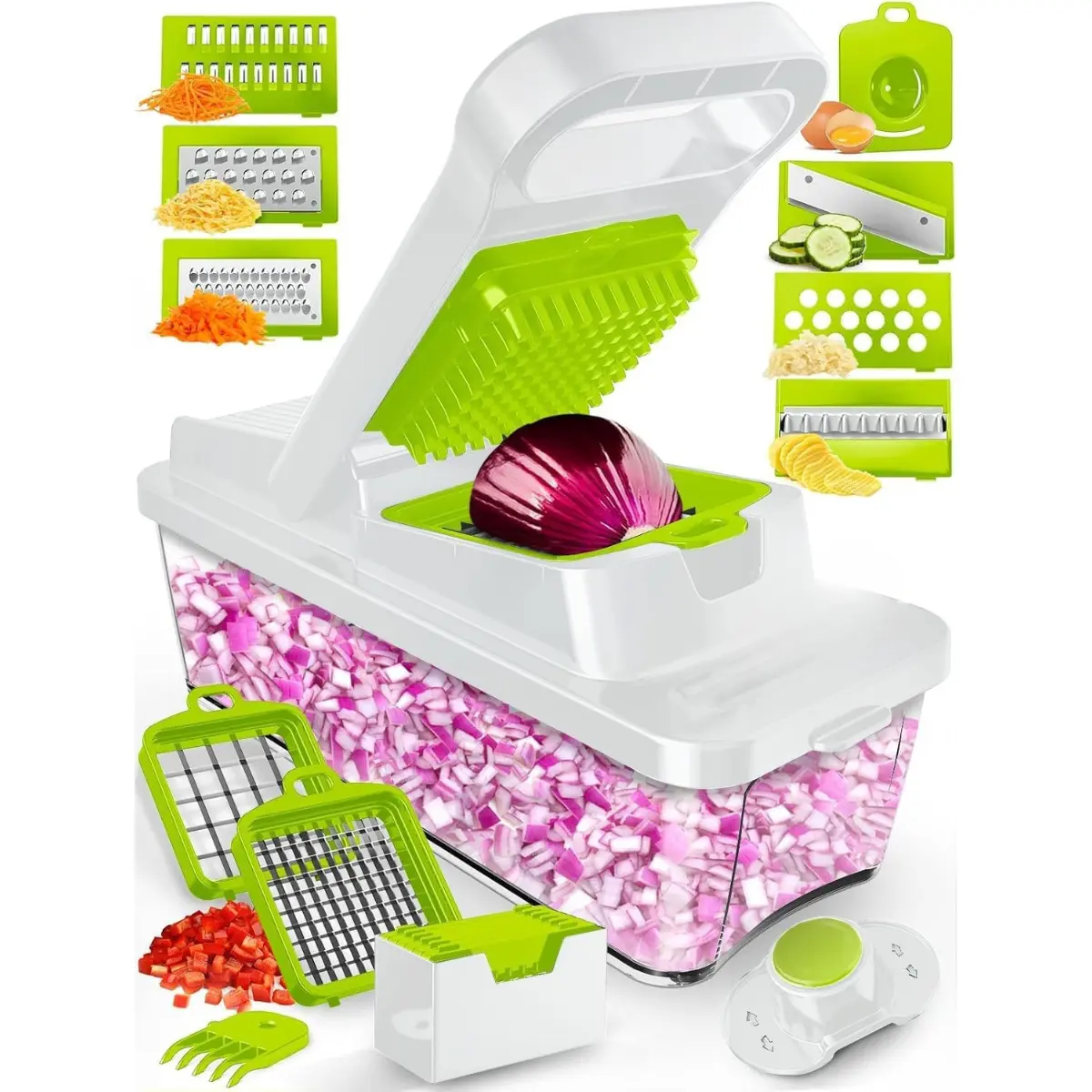 12-in-1 White Vegetable Chopper with Storage Bin, Mandoline Slicer, Grater & Kitchen Utensil for Food Prep (New Deal), Includes Storage Bin