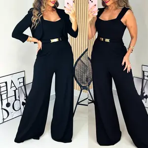 2026 Spring ChicMe Women's 2 Pieces Outfit Metal Decor Square Neck Sleeveless Zipper Back Cinched Waist Wedding Guest Wide Leg Jumpsuit /Wedding Guest Jumpsuit Set and Casual Crop Cardigan Set