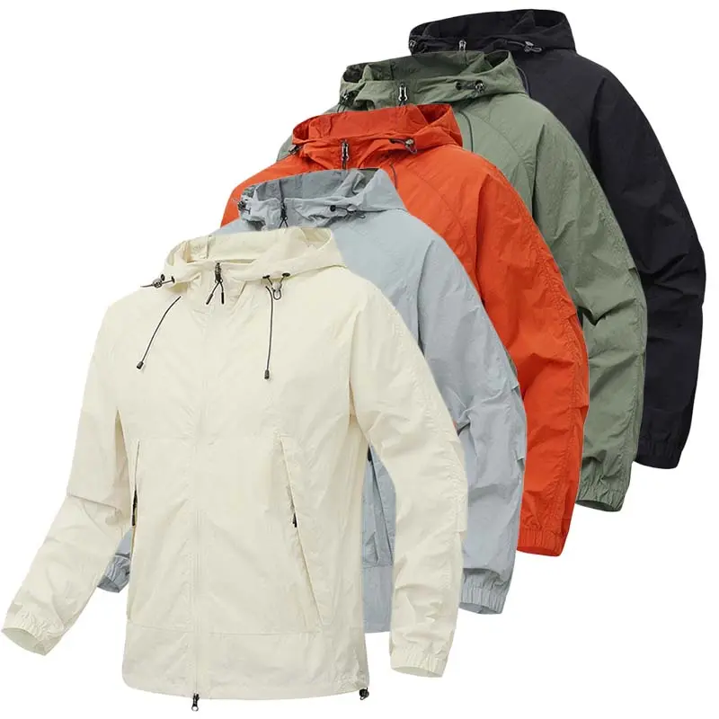 Men's Lightweight Full-Zip Hooded Breathable Windbreaker Coat - Menswear Tops with Adjustable Drawstring Hood, Elastic Cuffs, Side Slip Pockets, Loose Fit Long Sleeves - For Spring Summer Hiking, Outdoor Leisure #SummerWins, Coats