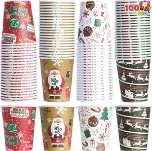 100PCS 9oz Valentines Day Happy New Year Disposable Paper Cups, Xmas Drinking Party Cups Bulk with Christmas Elements and Holiday atmosphere for Chocolate Coffee Cold Beverage Holiday Tableware Party Supplies,Happy Mothers Day
