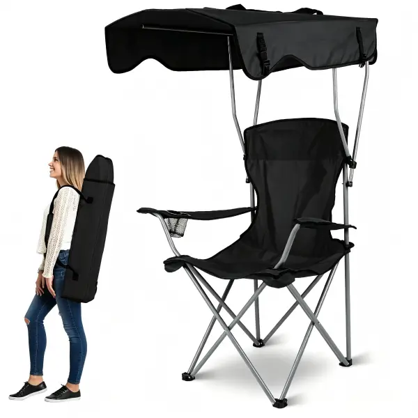 Portable Folding Beach Camping Chair - Sun Shade Canopy, Backpack Carry Straps, Widened Seat, Cup Holder, Gear Pocket, Waterproof 600D Oxford Cloth, 350+ LBS Rustproof Steel, Carry in a Bag, Built for Camping, Beach & Picnic (Home Supplies), Great For Bea