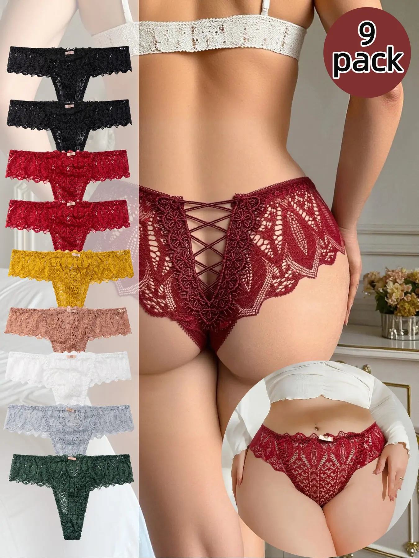 Women's Full Lace Low Waist Thong, Everyday Solid Color Sexy Elegant Feminine Fashion Cutout Underwear, Soft Comfortable All-Seasons Panties, Stretchy Panty, Soft Fit Panty, 9 Pcs Set Womenswear