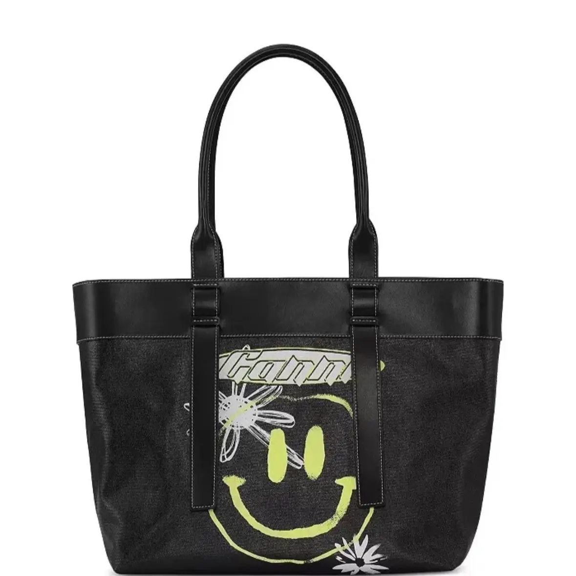 Canvas Black Tote Handbag Smiley emoji Print Retail $395