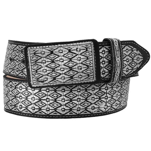 Male Genuine Leather Western Belt - 2.125 in, Black & Silver, Embroidered, Geometric Single Prong Buckle, Diamonds, Supple Men's Fashion Clothes Accessories, Western Buckle, 2.125 Inches, Charro Events, Embroidery, Tapered Tip, Weddings, Western Belts, Co