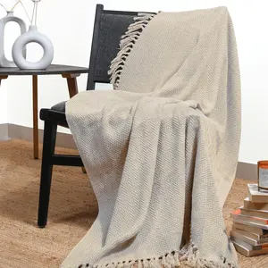 Lining Cotton Herringbone Throw Blanket 50 x 60 Inch - Modern Boho Living Room Decor Cozy Warm Bed Throws Soft Luxury Blankets for Indoor Outdoor Beige