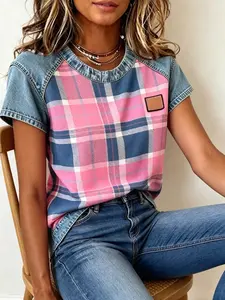 A women's fashionable and gentle casual denim patchwork contrasting short sleeved shirt with loose and slimming design, suitable for summer, home, indoor, and outdoor wear