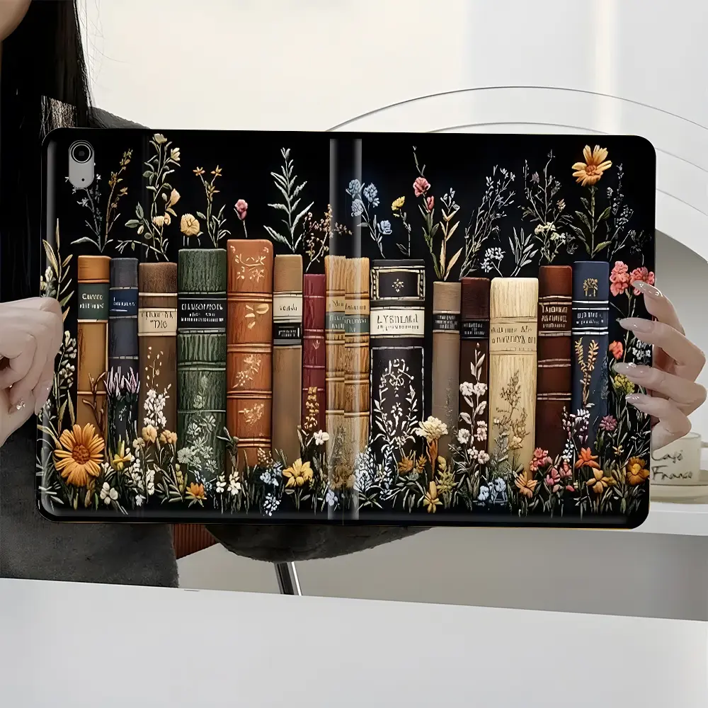 Dark Vintage Floral Bookcase Design iPad Case, Protective Cover, Tablet Casing, iPad Book-Style Case for iPad Pro 2024 2023 2022 2021, Full Protection and Pen Slot for Office and School Use, Durable Tablet Casing, iPad Covers, Accessories