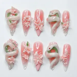 HelenNails – Serpent Blossom Press On Nails | Soft Pink Snake & Cherry Blossom Nail Art | Handmade Reusable Gel Nails | Elegant Almond Nails – HL617