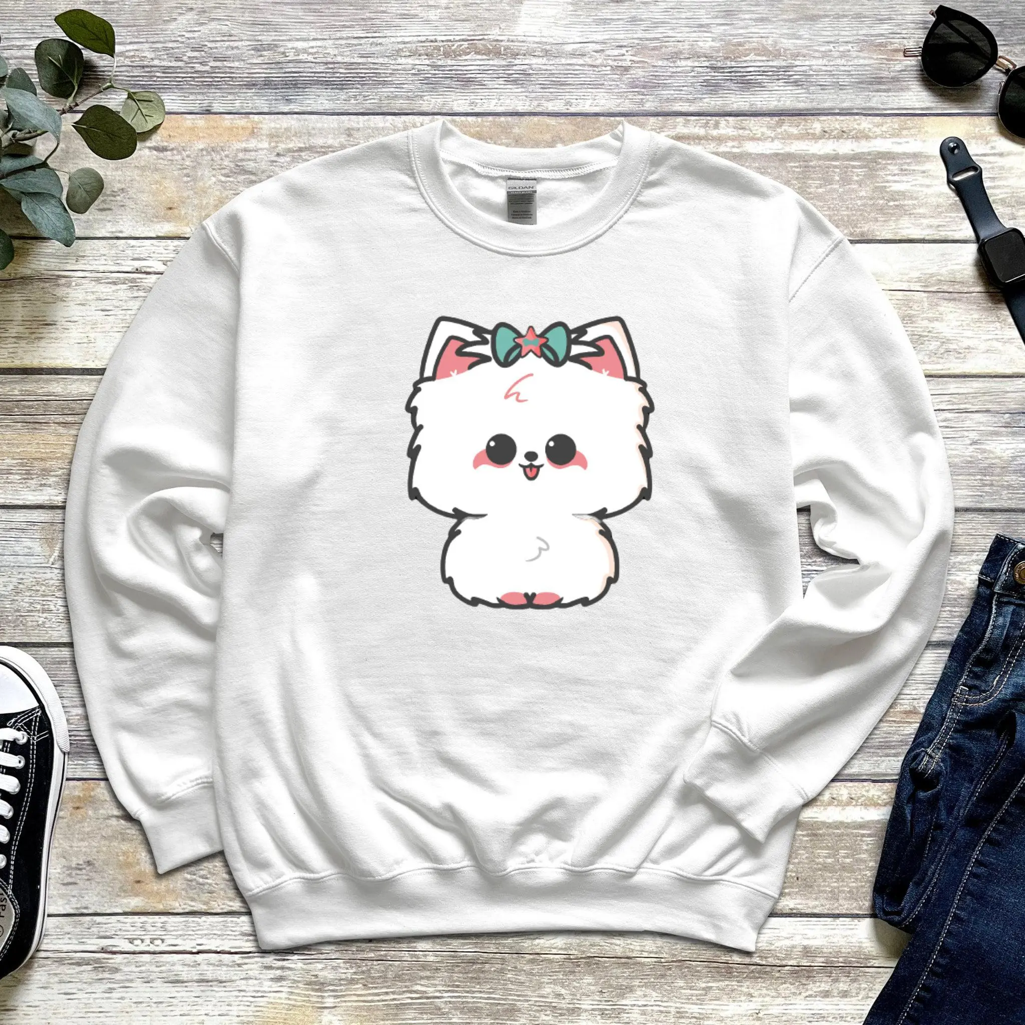 White Dog with Bow Unisex Sweatshirt | Cute Pomeranian Japanese Spitz Bolognese Samoyed Kawaii Clothing Valentine's Day Gift for Her