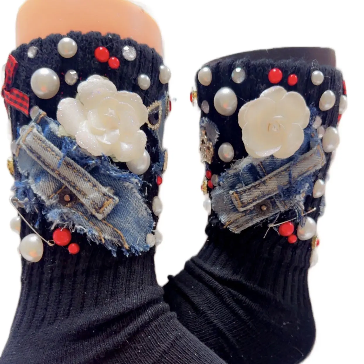 Customize Junk Sock with Charms, Jean Fabric, and Pearls for Women's Ankle Socks - Womenswear Elegance Customized Breathable