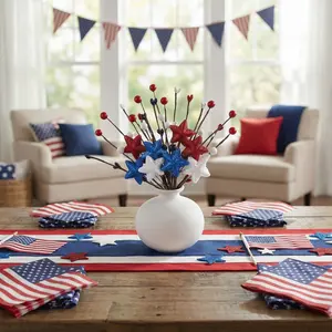American holiday style simulation sparkling star decorative branches, 21cm/30cm/40cm high and low styles, red, blue, white sequin stars+berry design, wire branches can be shaped, suitable for Independence Day/Memorial Day/family gathering decoration