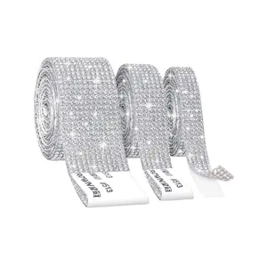 3 Rolls Rhinestone Ribbons, Silver Self Adhesive Rhinestone Strips, Diamond Rhinestones Roll Rhinestones Tape Bling Wrap, Bling Stickers for Crafts Decoration Car DIY Wedding Party