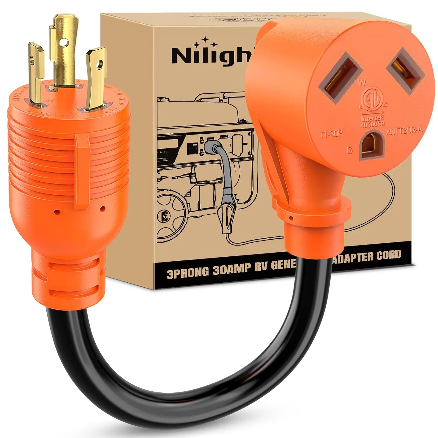 Nilight RV Generator Adapter Cord 30 Amp to 30 Amp 3 Prong Pure Copper Heavy Duty Twist Lock Male Plug 10 Gauge Wire L5-30P to TT-30R 30M/30F for RV Camper Caravan Van Trailer, Generator Cable, Pure-Copper Core