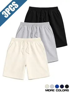 Pack of 3 Men's Solid Color Drawstring Waist Shorts, Casual Elastic Waist Pocket Shorts for Summer, Knitting Bottoms for Men,Beach Outdoor Activities Cycling Daily Wear