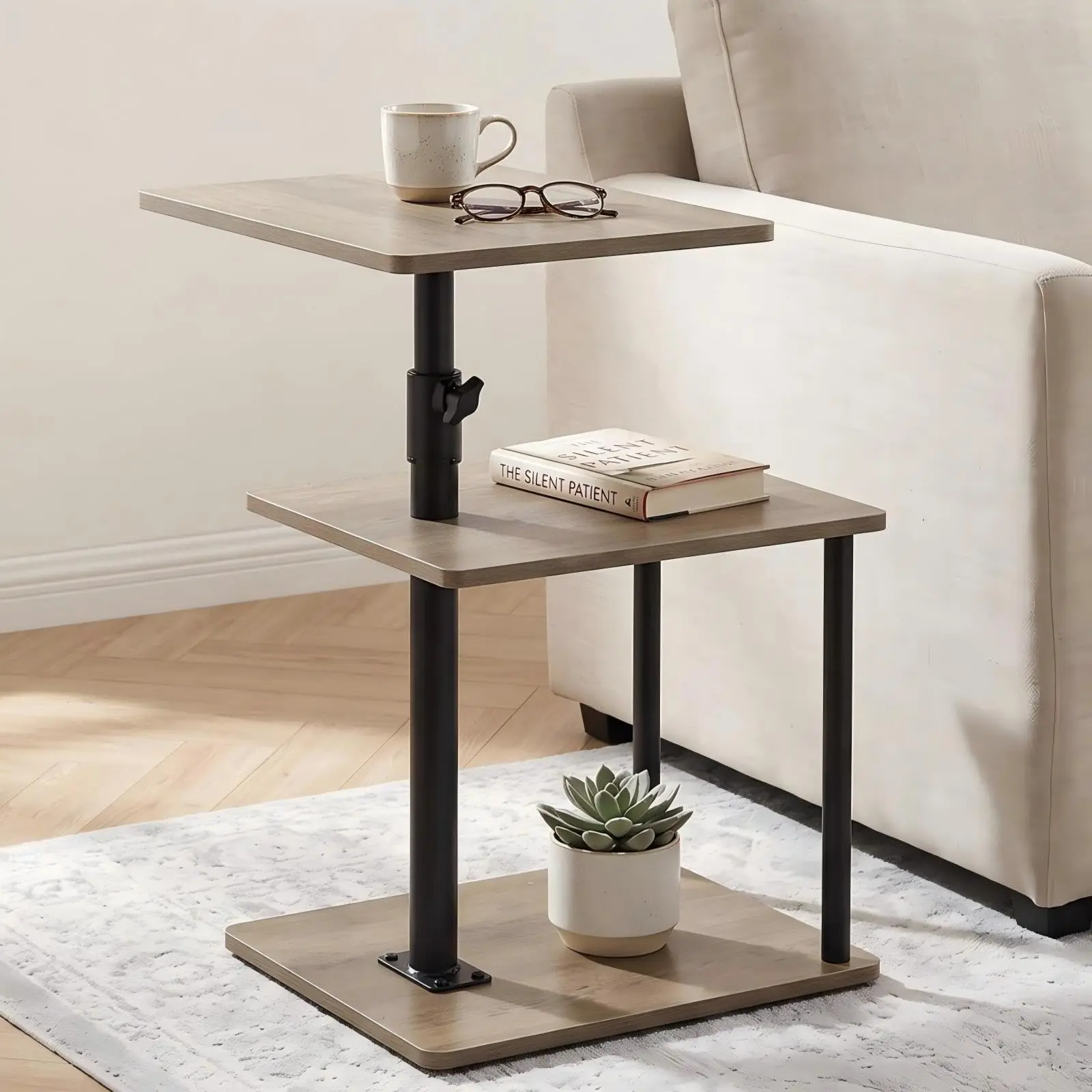 Garvee C-Shaped Swivel End Table with C-Shaped Base, Adjustable Height (3 Levels), 360° Rotation, Storage, Durable Particle Board & Iron Pipe Build, Versatile Couch/Bedside Use with Rustic Look