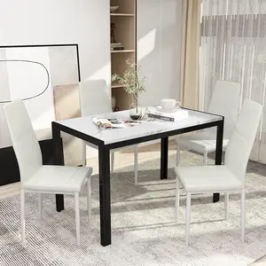 DKLGG Faux Marble Dining Table Set for 4-5 Piece, Rectangular Table with PU Leather Chairs, White & Beige, Ideal for Living Room and Dining Room Decoration Modern Elegant Durable Sturdy Classic