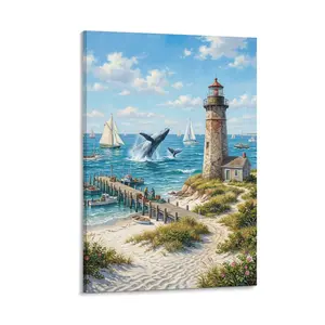 1pc Frameless Printed Canvas Art, Colorful Coastal Scene with Lighthouse, Breaching Whales, Sailboats & Dock, Nautical Wall Decor for Living Room, Bedroom, Office, Realistic Marine Theme Art