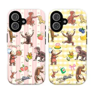 Cute Curious George Phone Case | Coquette Strawberry & Banana Phone Cover for iPhone 17 Air 16 15 14 13 12 11 Pro Max XR XS 6 7 8 Plus SE & Samsung S25 S24 S23 S22 S21 Ultra | Gingham Bow