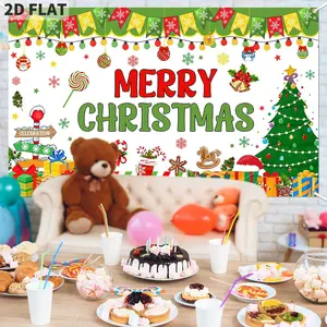2D flat Christmas red and green photography background banner, suitable for Christmas party decoration. Made of polyester material, no electricity required. Clear printing, suitable for various occasions.