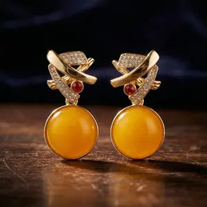 Vintage Amber Glow Drop Earrings - Nomad Jewels Retro Ribbon Design with Red Accents, Unisex Elegant Artistic Costume Jewelry for Daily Wear & Holiday Gifting