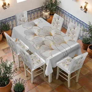 4/5/6/7pcs Golden Fan Leaves Chair Cover And Tablecloth Set, Easy to Install & Wash, Fits Living Room, Restaurant Decor, Parties, Picnics, Festive Decor, Home Supplies, Outdoor Camping & Gifting