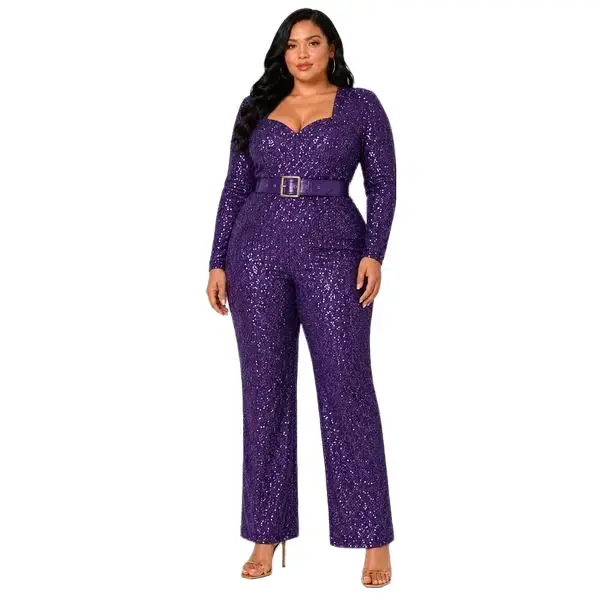 Purple Sequin Belted Jumpsuit