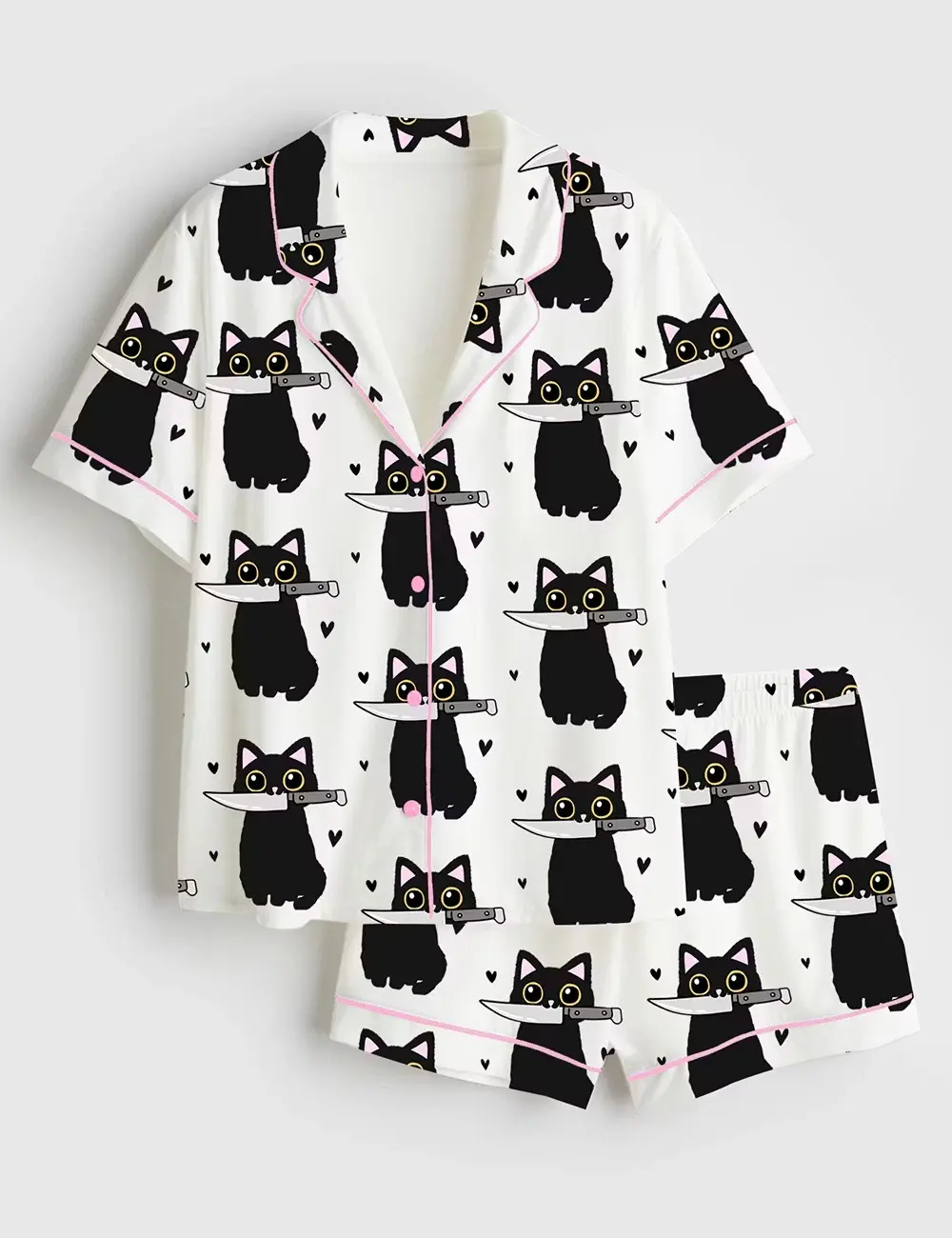 Women’s Black Cat With Knife Satin Pajamas, Spooky Halloween Short Sleeve Pjs, Funny Kitty Sleepwear, Cozy October Loungewear
