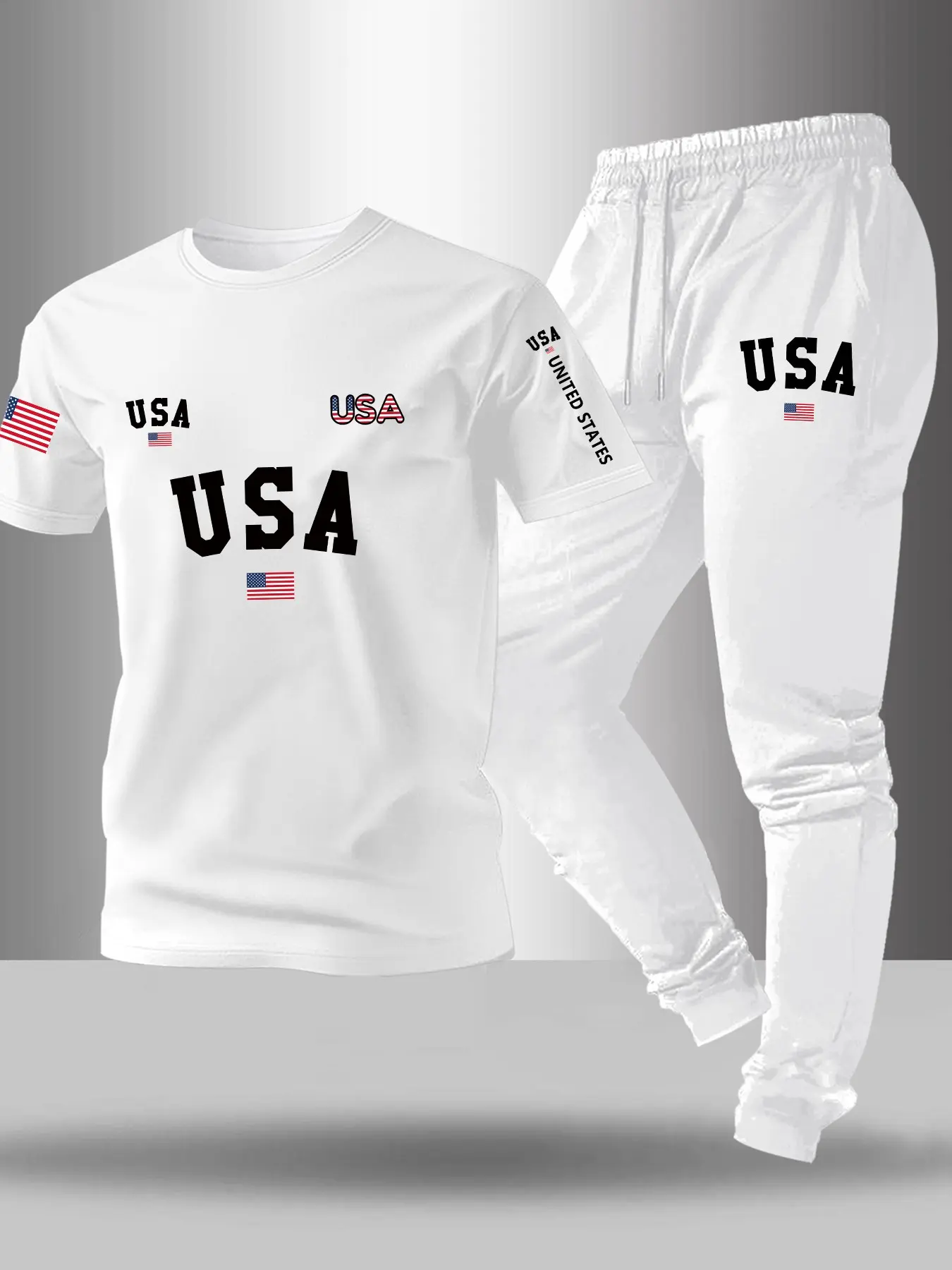 Men's Usa Letter Flag Print Set, Spring Summer Knit Stretch Round Neck T-Shirt + Drawstring Casual Sport Pants, Outdoor Leisure 2-Piece Set, Streetwear Tracksuit Set, Casual Sportswear, Athleisure Summer Clothes, Casual Sporty Set