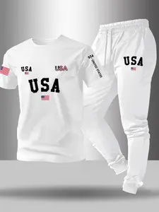 Men's Usa Letter Flag Print Set, Spring Summer Knit Stretch Round Neck T-Shirt + Drawstring Casual Sport Pants, Outdoor Leisure 2-Piece Set, Streetwear Tracksuit Set
