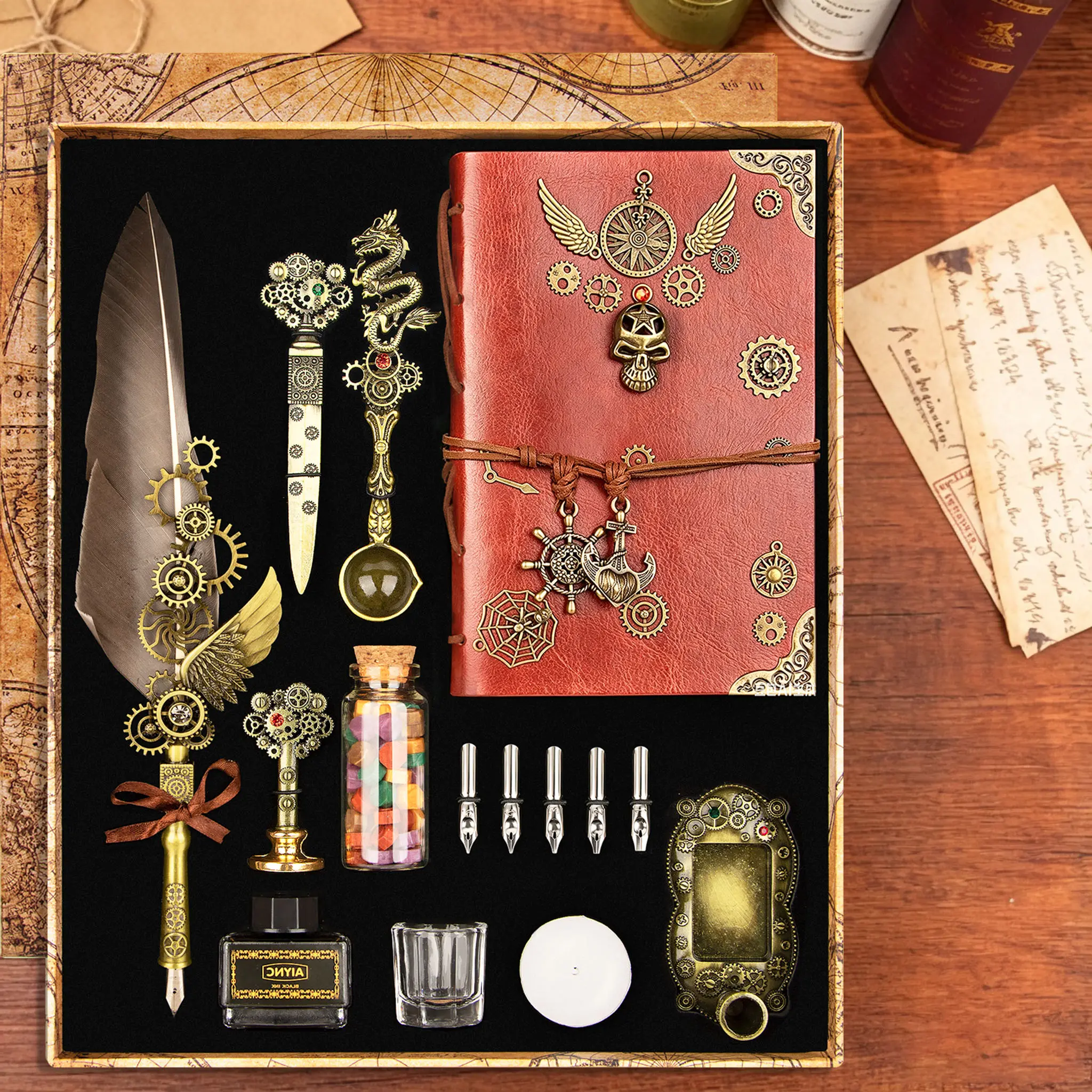 Vintage Feather Quill Pen Set, Aesthetic Pens, 1 Box RetroCalligraphy Painting Pen Set with Leather Journal, Wax Seal Stamp, Color Ink, Antique Dip Pen Gift Box for Writers, Holiday Presents (Grey Feather)