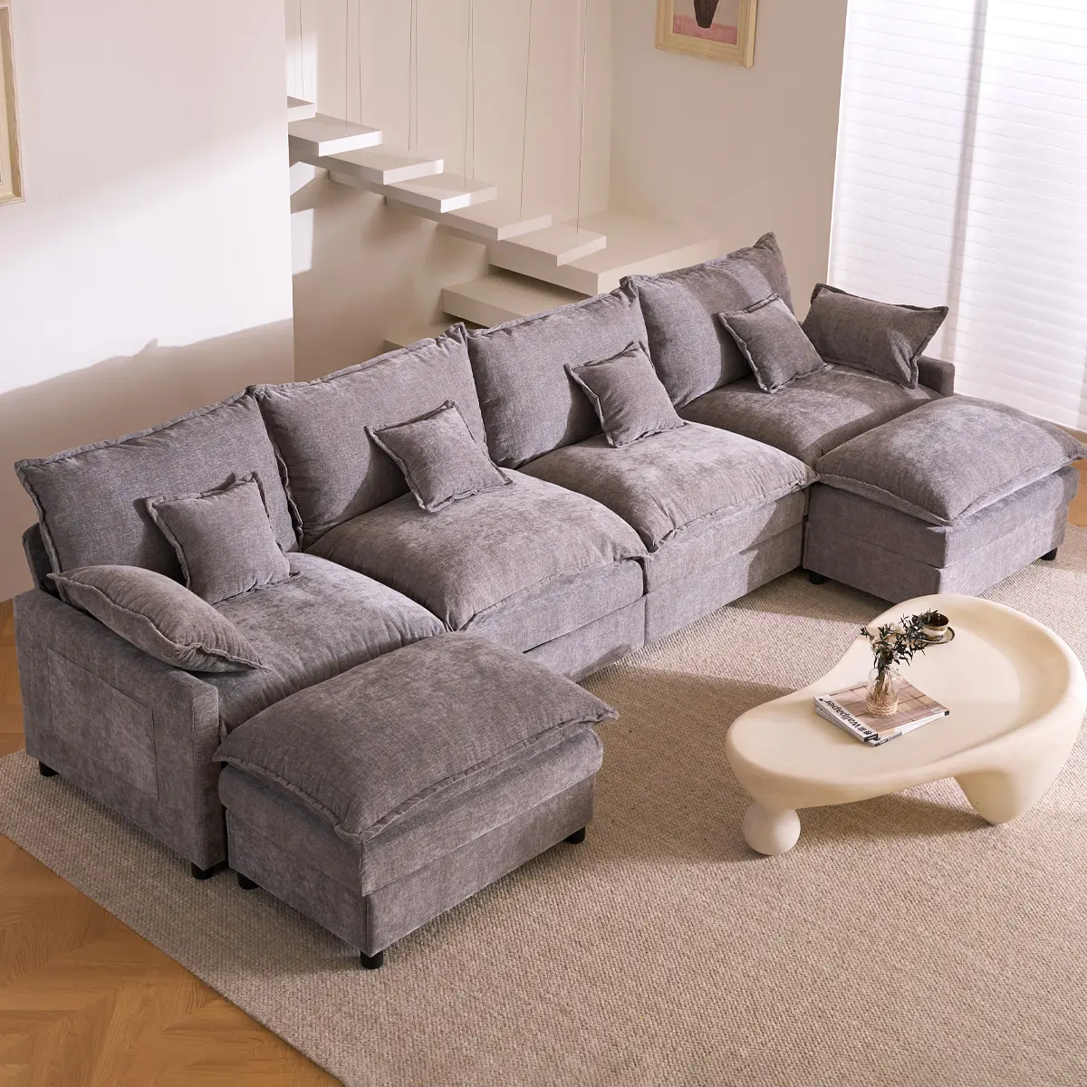 GOSUHI | 142.5" U-Shaped Modular Cloud Sofa, 4-Seater Sectional with Movable Ottoman, Deep Seat,Chenille