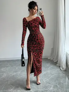 A women's leopard print V-neck long-sleeved slit dress with a bold, Feminine style, perfect for a confident and stylish look, Womenswear