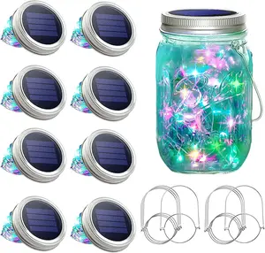 Solar Mason Jar Lights, 8 Pack 15 LED Waterproof Fairy Firefly Jar Lids String Lights with Hangers(NO Jars), Patio Yard Garden Wedding Easter Decoration - Multicolor