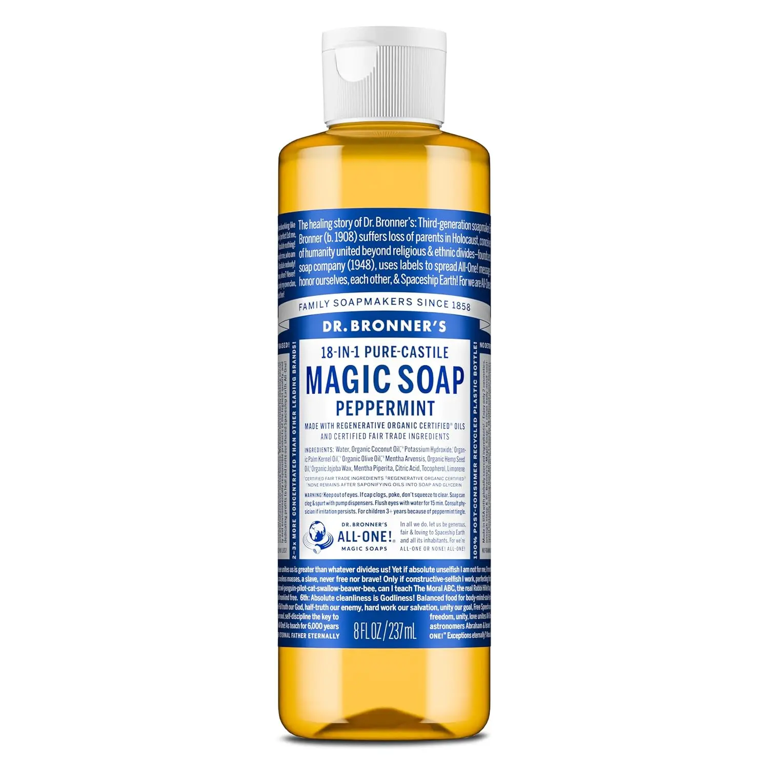 Dr. Bronner's Peppermint Pure-Castile Liquid Soap, Body Wash, 8 oz | 18-in-1 Uses: Body Wash & Hand Soap, Shampoo, Face, Laundry, Floors, Car, Pets & More, Fair Trade & Organic Oils, Travel Size
