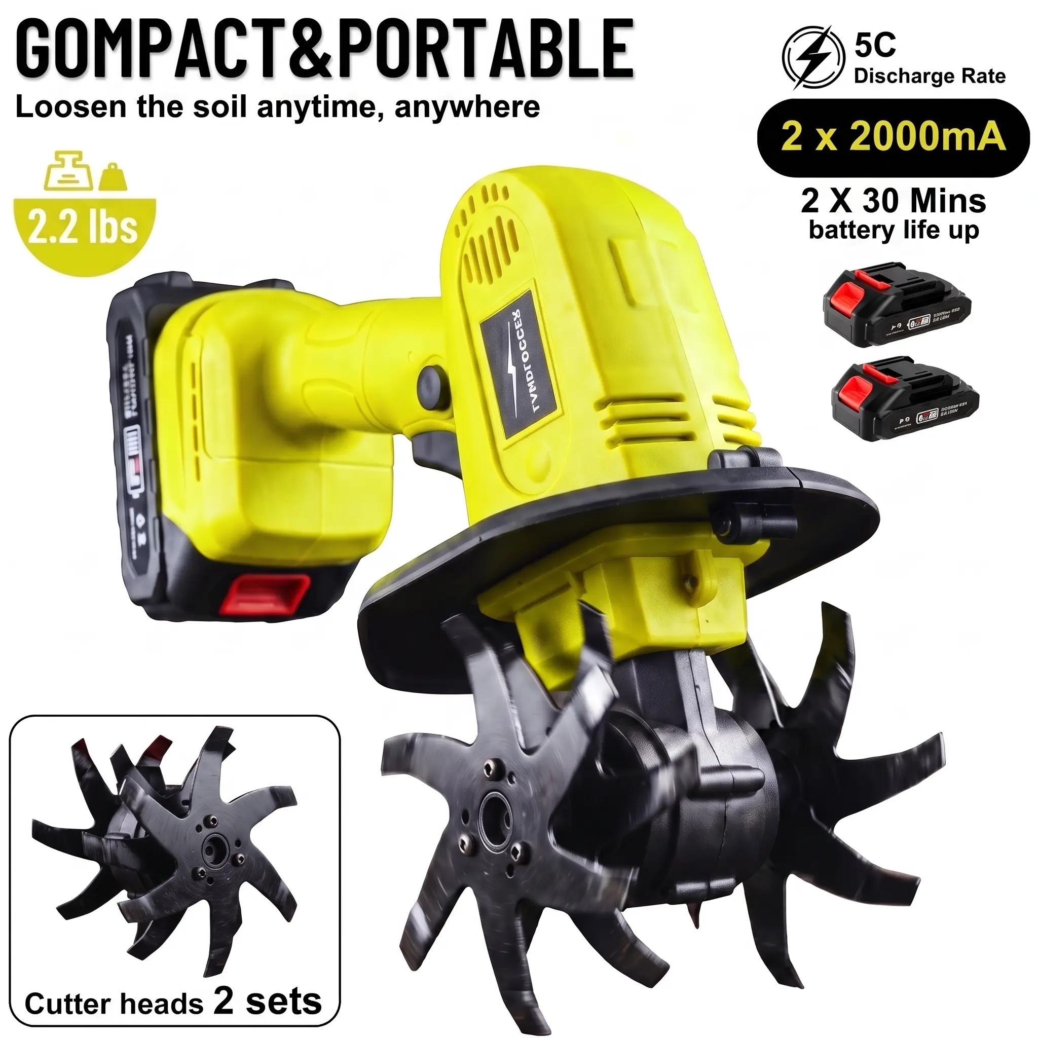 20V Cordless Garden Tiller Cultivator, 235RPM Handheld Electric Rototiller, 9'' Tilling Width 6.6'' Depth, Come with 2 Pack 2000mAh Batteries & 2 Sets Cutter Heads, Portable Soil Tiller for Backyard Vegetable Beds Gardening