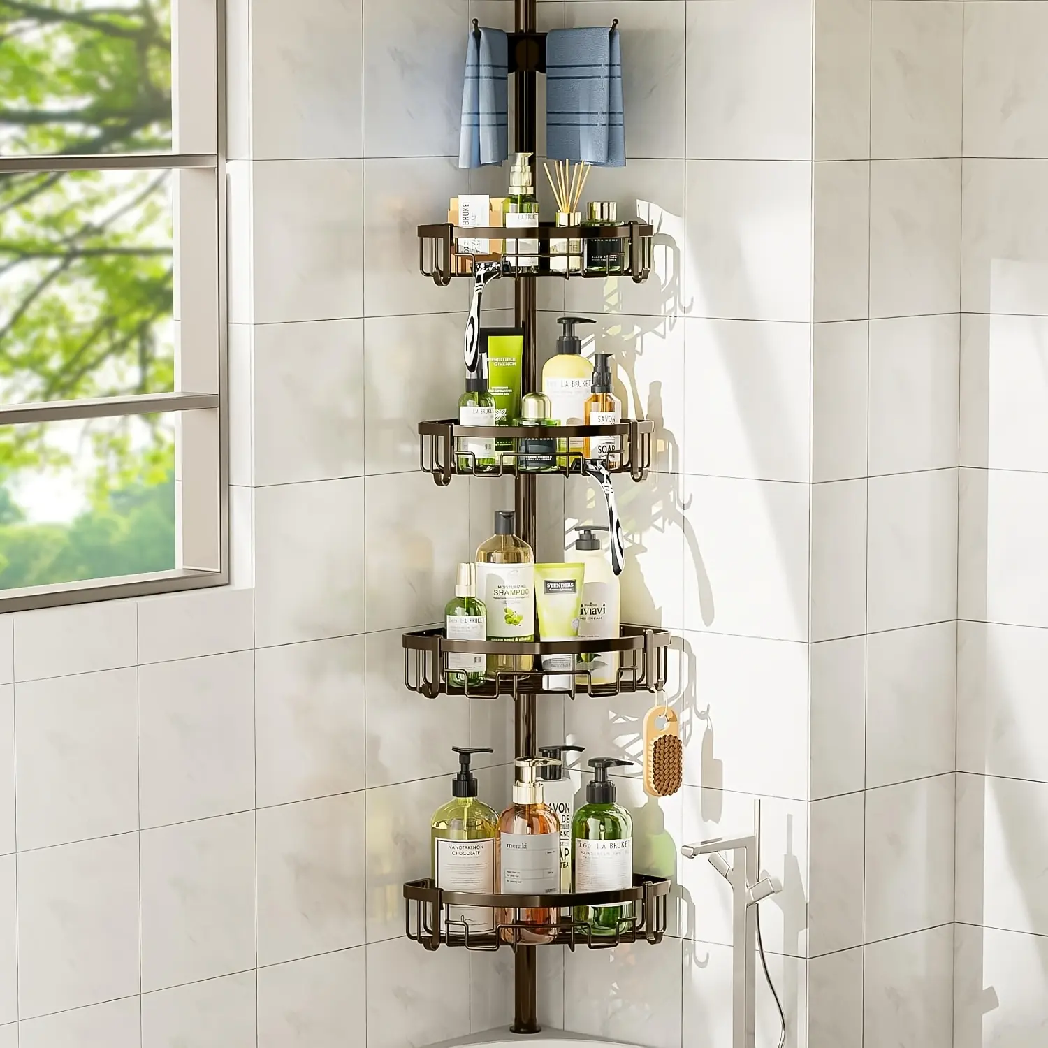 Adjustable Corner Shower Caddy Tension Pole, 4-Tier Rustproof Bathroom Organizer Shelves, Bathtub Tub with Towel rack, No Drilling Bathroom Storage Organizer for Shampoo Storage
