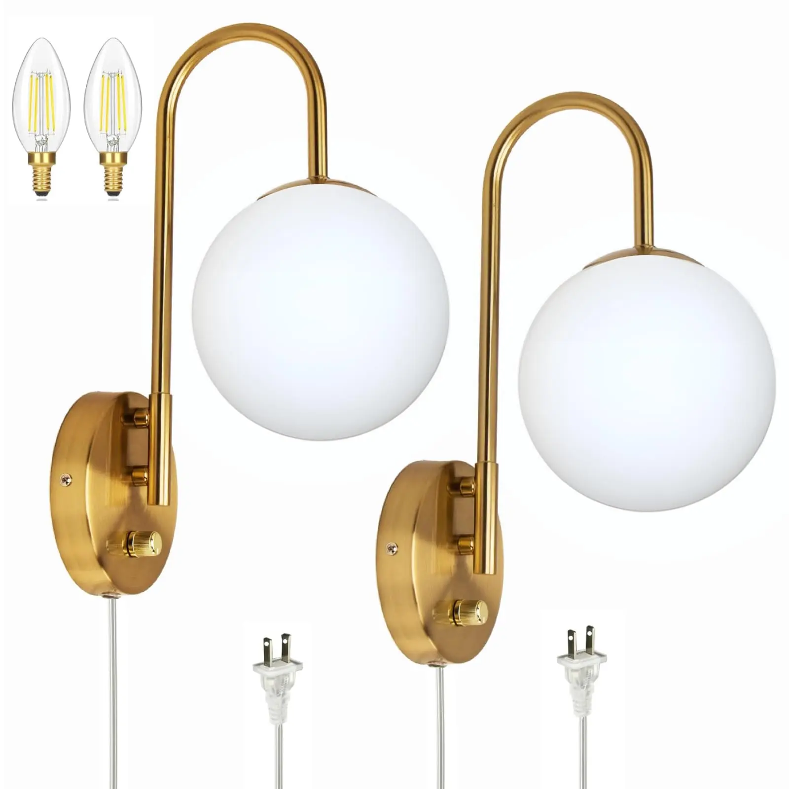 Homechoose 2-Pack Modern Chic Plug-in Decorative Wall Light - Gold Globe Gooseneck Sconce with Milky White Glass Shade, Stepless Dimmable E12 Bulb Included, Optional Hardwired Decoration Lamp for Hallway, Bedroom, Contemporary Cozy Indoor Home Accessories