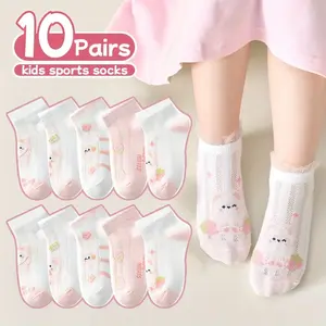 10 Pairs of Girls' Thin Short Socks with Lace Edges, Breathable Mesh, Made of, Featuring Cute Cartoon Designs