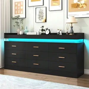 9 Drawer Dresser With Power Outlet, USB LED Strip Light, Modern Chest Of Drawers For Closet, Wide Drawer Organizer Cabinet For Bedroom, Living Room, Entryway, Hallway