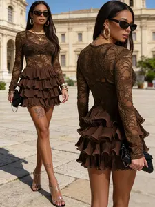 Sexy Chic Brown Lace Mesh Mini Dress Women Long Sleeve Tiered Ruffle Slim Fit Sheer Floral Party Night Out Outfit