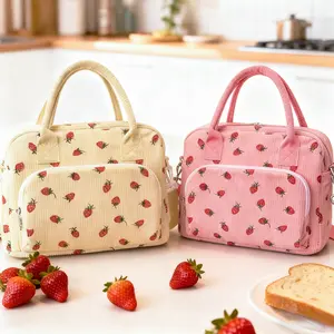 12L large capacity unisex insulated lunch bag with shoulder strap, reusable and cute corduroy material, suitable for work, picnics, or travel. Insulated bag, cooler bag, tote bag, student lunch bag.