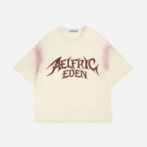 AELFRIC EDEN Men's Short-Sleeve Round Neck Casual Vintage Graphic Cotton T-Shirt - Unisex Gothic Streetwear Top with Boxy Washed Fit, Back-to-School 1st Day Outfits Print Tee