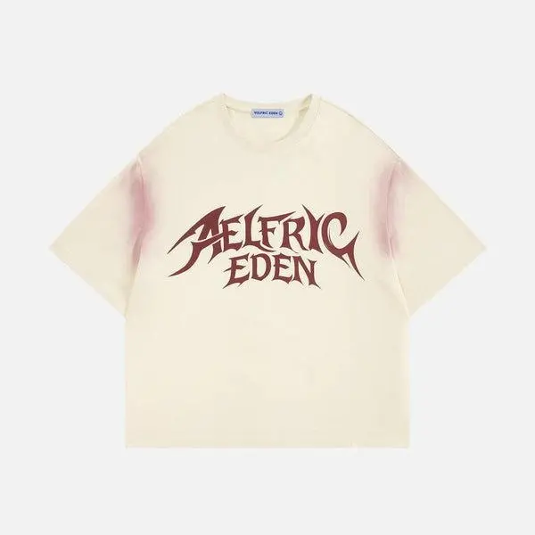 Aelfric Eden Men's Boxy Cotton Round Neck Short-Sleeve Graphic T-Shirt - Vintage Washed Gothic Unisex Casual Streetwear Top, Good Men's T-Shirts for Street Style