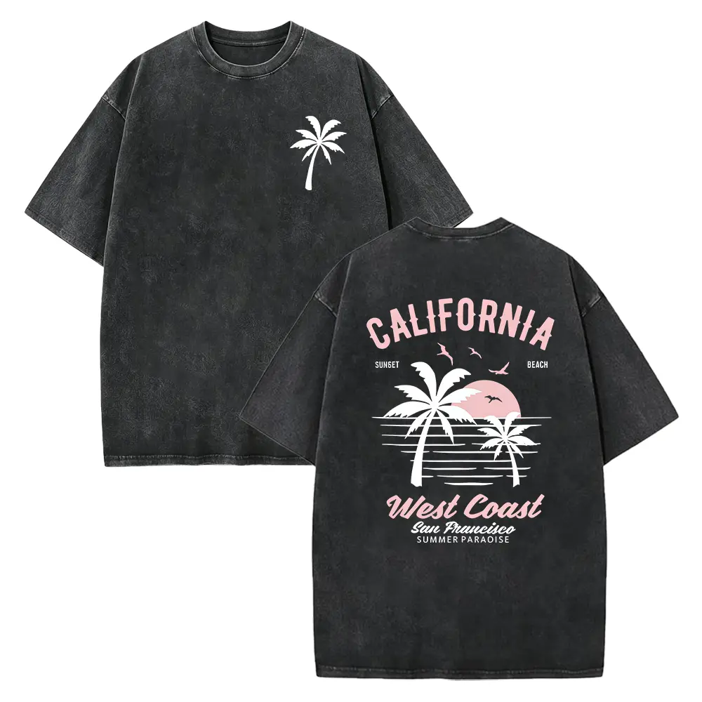 Washed Cotton California Graphic Tee – 250g Soft Vintage Surf Beach Tee with Palm Trees & Retro Print, Loose Fit Summer Casual Shirt for Men Women, Unisex Machine Washable