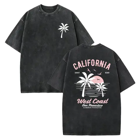 Washed Cotton California Graphic Tee – 250g Soft Vintage Surf Beach Tee with Palm Trees & Retro Print, Loose Fit Summer Casual Shirt for Men Women, Unisex Machine Washable