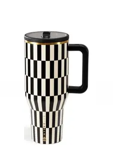 HydroJug 40oz Traveler Tumbler with Handle & Straw, Black White Checkered with Gold Trim, Stainless Steel Insulated Cup, Leakproof, Car Cup Holder Friendly, BPA-Free | Leak-Proof Lid, Trendy Statement Mug for Office Gym Car