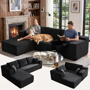 Profus L-Shaped Modular Sectional Sofa with Chaise, 3-Seater Corduroy Cloud Couch, No-Assembly Indoor Living Room Furniture Set
