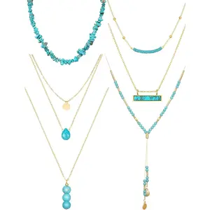 6 Pcs Boho Necklaces for Women Gold and Turquoise Necklace Suede Choker Western Leather Necklace Long Chain Tassels Necklace