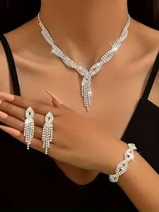 Elegant Rhinestone Decorated Jewelry Set, Exquisite Trendy Necklace & Bracelet & Dangle Earrings, Chic Jewelry Set for Party Decoration